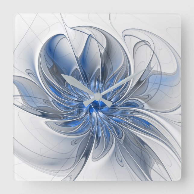 Abstract Blue Gray Watercolor Fractal Art Flower Quadratische Wanduhr (Vorderseite)