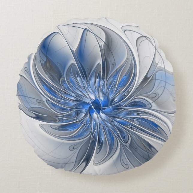 Abstract Blue Gray Watercolor Fractal Art Flower Rundes Kissen (Vorderseite)