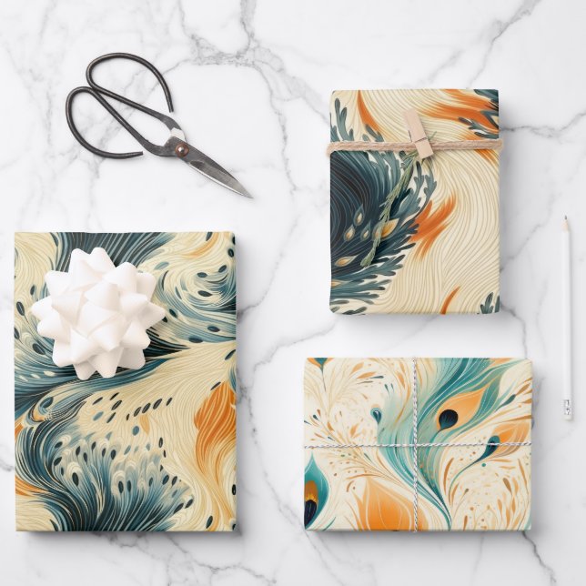 Abstract Blue Orange Cream Peacock Geschenkpapier Set (Vorderseite)