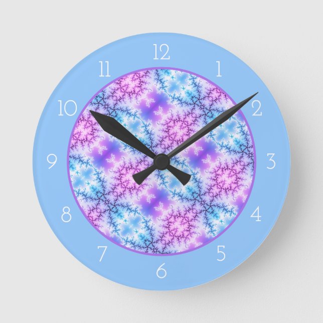 Abstract blue purple snowflake pattern blue border runde wanduhr (Vorderseite)