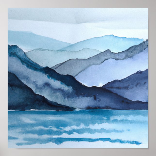 Abstract Blue Watercolor Landscape Mountains Ocean Poster (Vorne)