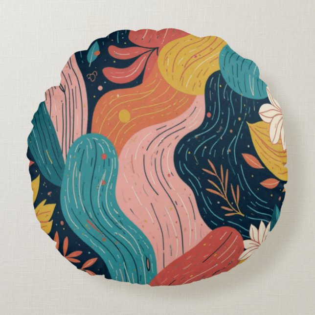 Abstract Botanical Flow Round Pillow Rundes Kissen (Vorderseite)