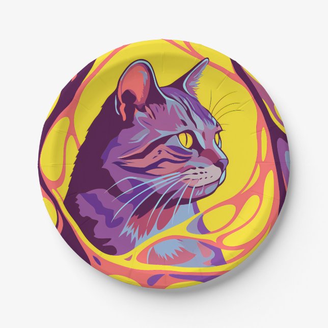 Abstract Cat: Pop Art Psychedelic Swirl Pappteller (Vorderseite)