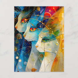 Abstract cat portrait set against a vibrant galaxy postkarte