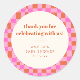 Abstract Checker Pink Custom Baby Shower Thank Runder Aufkleber
