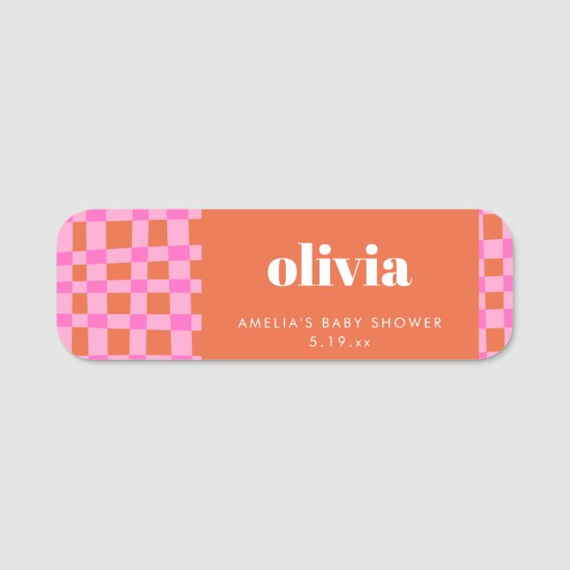 Abstract Checker Pink Orange Benutzerdefinierte Ba Namensschild (Vorderseite)