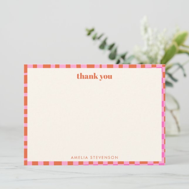 Abstract Checker Pink Orange Custom Baby Shower Dankeskarte (Stehend Vorderseite)