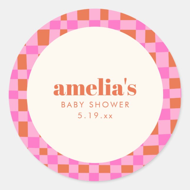 Abstract Checker Pink Orange Custom Baby Shower Runder Aufkleber (Vorderseite)