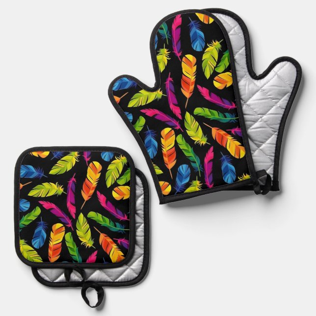 Abstract colorful feather explosion ofenhandschuh & Topflappen-Set (Vorderseite/Rückseite)