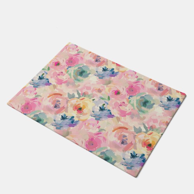 Abstract Colorful Pastel Flowers Floral Pattern Fußmatte (Schrägansicht)
