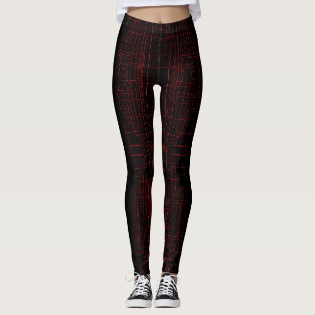 Abstract Cyber Pattern | Black & Crimson Circuit  Leggings (Vorderseite)
