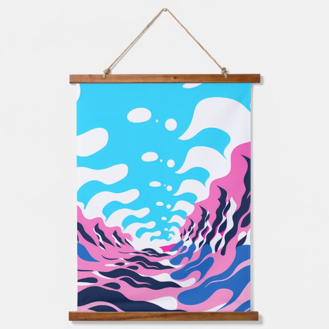 Abstract Dream Wave – Vibrant Surreal Flow Wandteppich Mit Holzrahmen (Vorderseite)