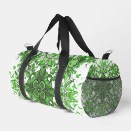 Abstract Floral Pattern In Black & Green On White Duffle Bag