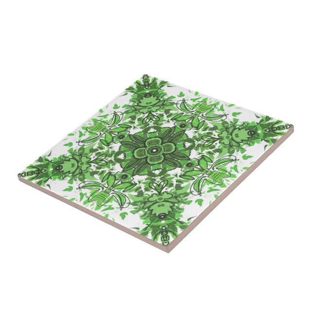 Abstract Floral Pattern In Black Green On White    Fliese (Seite)