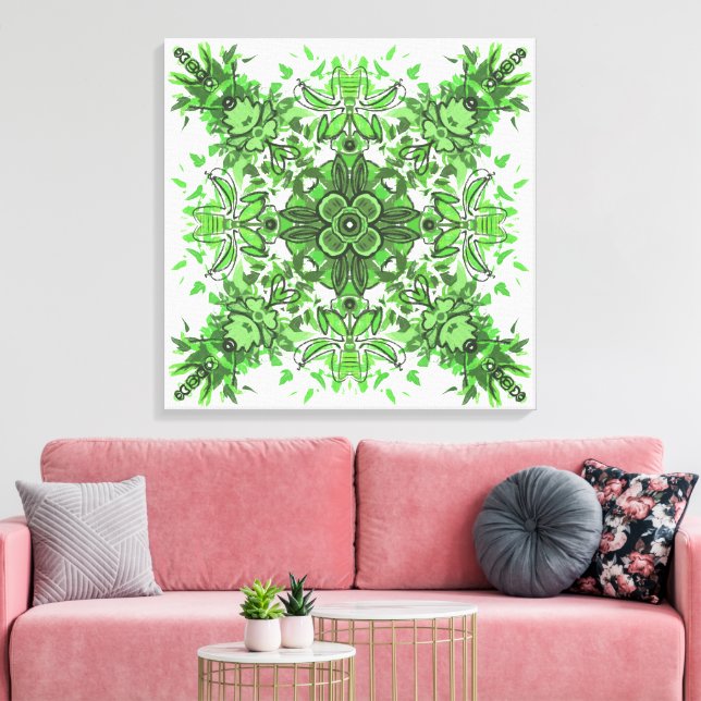 Abstract Floral Pattern In Black & Green On White Leinwanddruck (Insitu (Wohnzimmer))