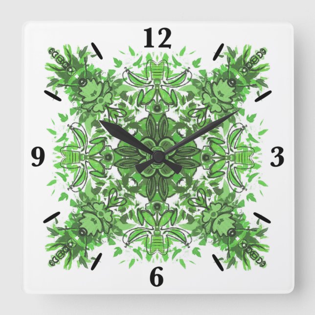 Abstract Floral Pattern In Black & Green On White Quadratische Wanduhr (Vorderseite)