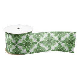 Abstract Floral Pattern In Black Green On White Satinband