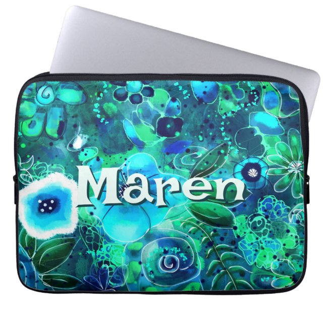 Abstract Floral Teal Blue Green Personalized Laptopschutzhülle (Vorderseite)