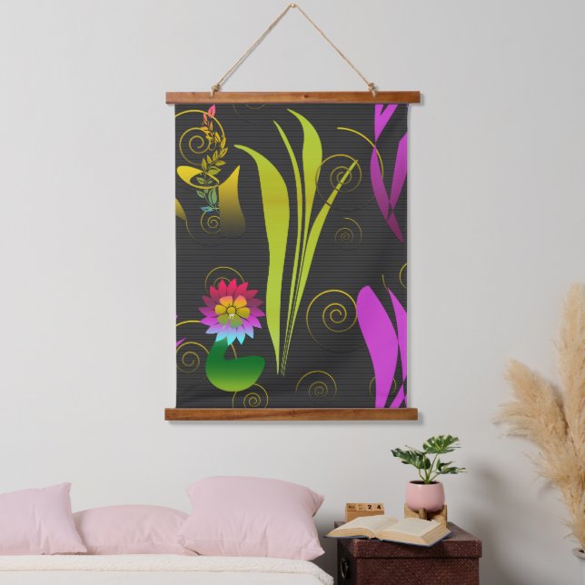 Abstract Floral with Spirals 1 Wandteppich Mit Holzrahmen (Schlafzimmer)