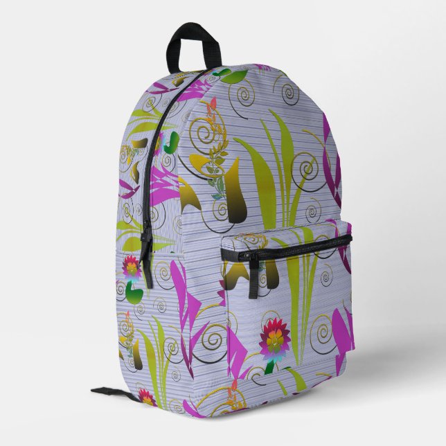 Abstract Floral with Spirals 3 Bedruckter Rucksack (Rückseitige Ecke links)