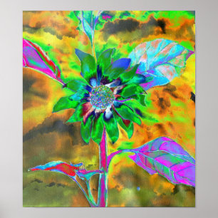 Abstract gold green sunflower   retro funky  poster