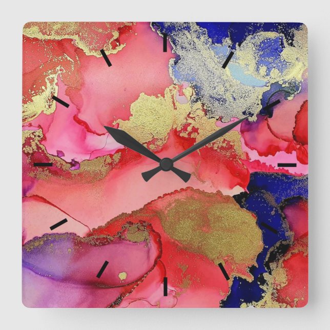 Abstract Gold Red Blue Quadratische Wanduhr (Vorderseite)