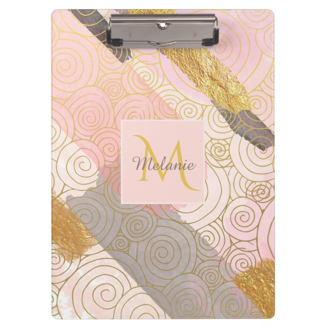 Abstract Gold Stripes and Pink Swirls Personalised Klemmbrett (Vorderseite)