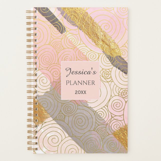 Abstract Gold Stripes and Pink Swirls Personalised Planer (Vorderseite)