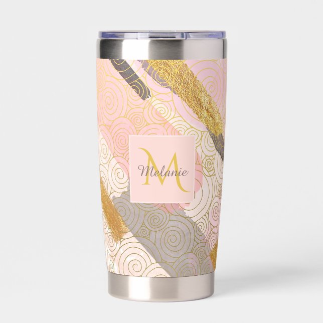 Abstract Gold Stripes and Pink Swirls Personalised Thermobecher (Vorderseite)