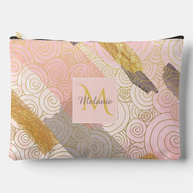 Abstract Gold Stripes and Pink Swirls Personalised Zubehörtasche (Vorderseite)