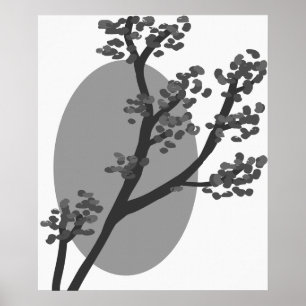 Abstract Gray Tree and Moon Silhouette Poster