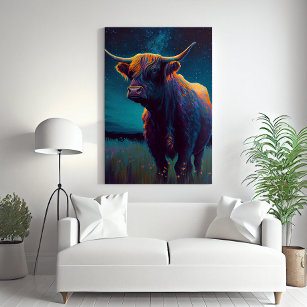 Abstract Highland Cow In A Field At Night Colorful Leinwanddruck