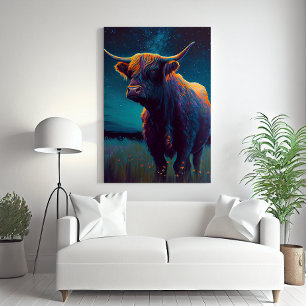 Abstract Highland Cow In A Field At Night Colorful Leinwanddruck