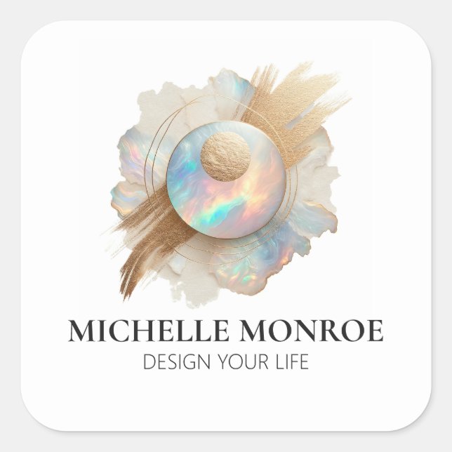 Abstract Holographic Opal with Gold Brushstrokes Quadratischer Aufkleber (Vorderseite)