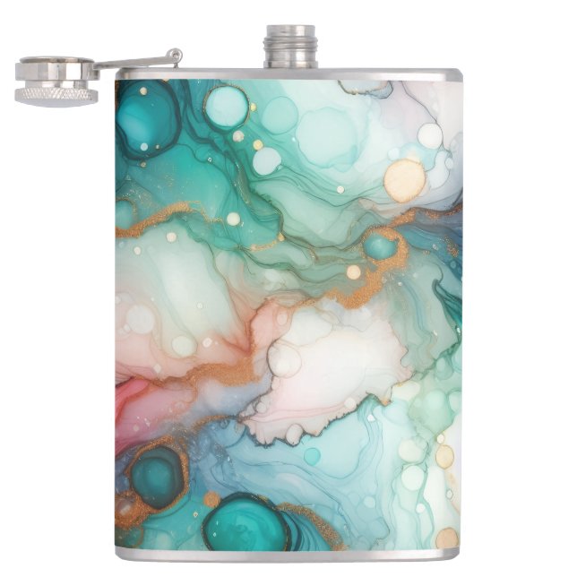 Abstract in Pink, Teal, Blue, and Gold Flachmann (Geöffnet)