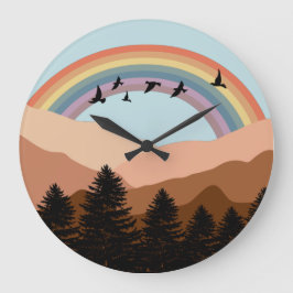 Abstract Landscape Forest Rainbow & Birds Nursery  Große Wanduhr
