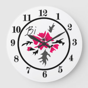 Abstract modern pink flower gray leaves print whit große wanduhr