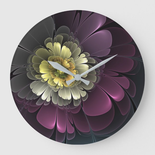 Abstract Modern Purpur Khaki Gray Fractal Flower Große Wanduhr (Vorderseite)