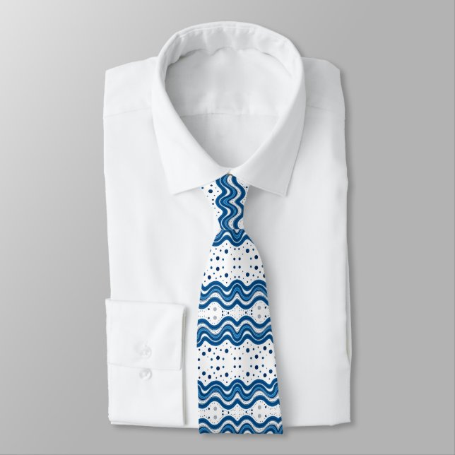 Abstract Moroccan White & Blue Wavy Lines & Dots Krawatte (Gebunden)