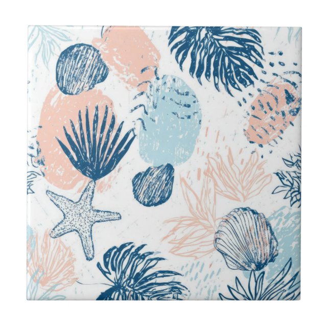 Abstract Nautical Beach Blue Peach Distressed (1) Fliese (Vorderseite)