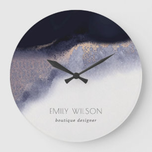 Abstract Navy Black Gold Foil Watercolor Wash Große Wanduhr