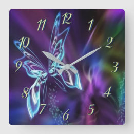 Abstract Neon Blue Purple Butterfly Fractal Art Quadratische Wanduhr