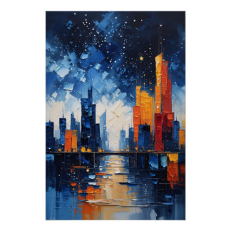 Abstract Night Skyline Impasto Poster