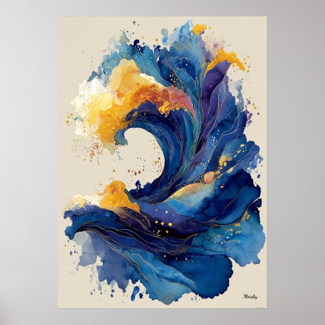 Abstract Ocean Wave Liquid Art Blue Gold Fluid  Poster (Vorne)