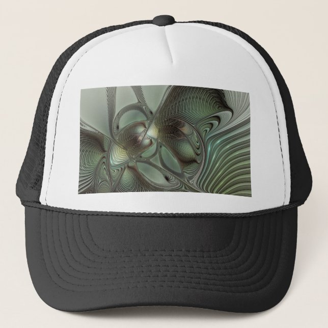 Abstract Olive Sage Green Gray Fractal Art Fantasy Truckerkappe (Vorderseite)