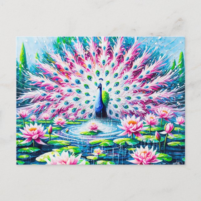 Abstract Peacock by the Pond with Water Lilies Postkarte (Vorderseite)