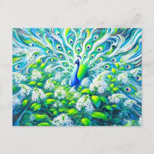 Abstract Peacock with Bird Cherry Blossoms Paint Postkarte