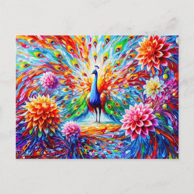 Abstract Peacock with Colorful Dahlias Autumn Postkarte (Vorderseite)