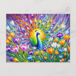 Abstract Peacock with Crocuses in Oil Paint Postkarte