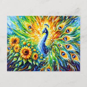 Abstract Peacock with Sunflowers in Painting Postkarte